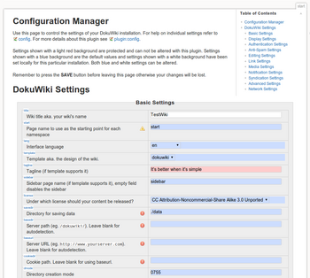 The Configuration Manager - Field colors: blue = default, white = local change, light red = protected setting